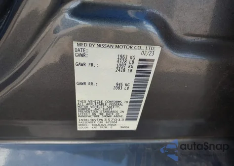 2023 Nissan Altima Sv Fwd из США, поврежденный, VIN 1N4BL4DV5PN357013